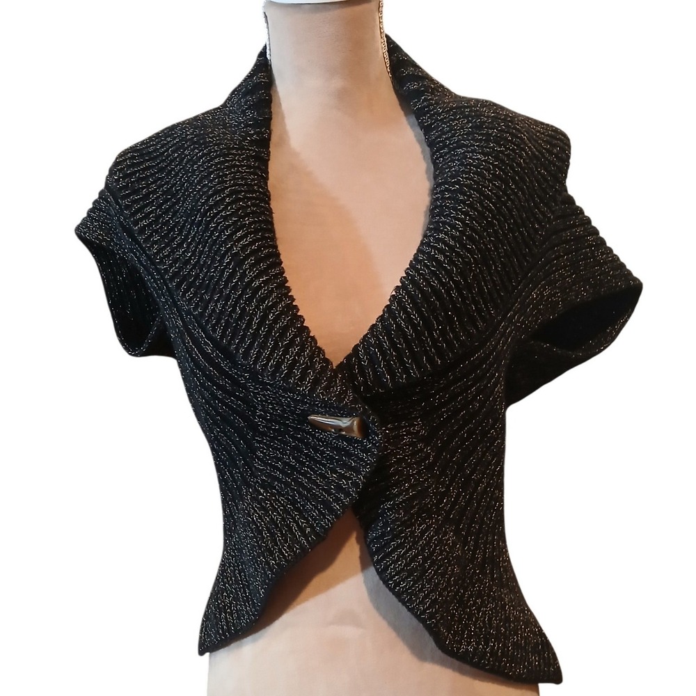Vtg Chaps Black Metallic Knit Shrug Toggle Closure Shawl Collar XL Y2k